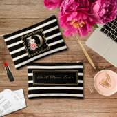 Letter D Floral Monogram Zwart Wit Goud Strepen Etui