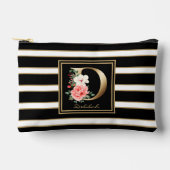 Letter D Floral Monogram Zwart Wit Goud Strepen Etui (Voorkant)