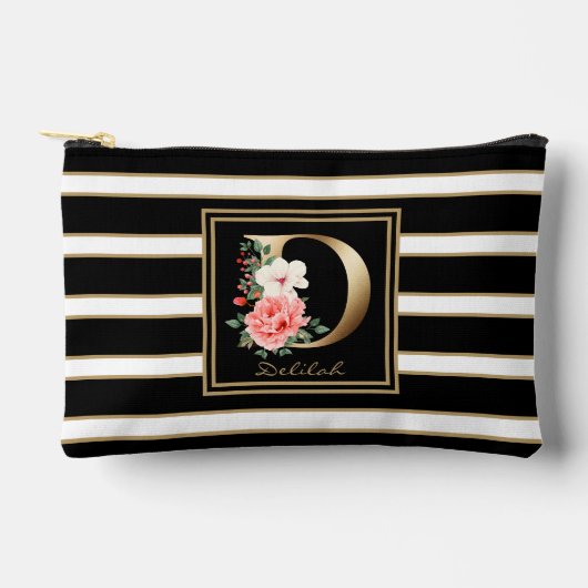 Letter D Floral Monogram Zwart Wit Goud Strepen Etui (Voorkant)