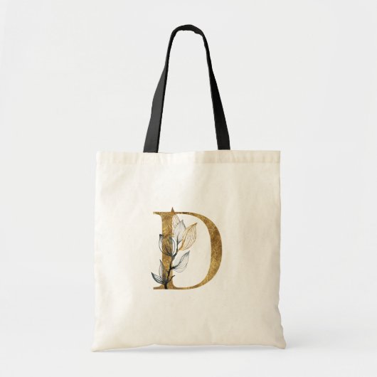 *~* Letter D Gold Monogram Initial Black Leaves Tote Bag (Voorkant)