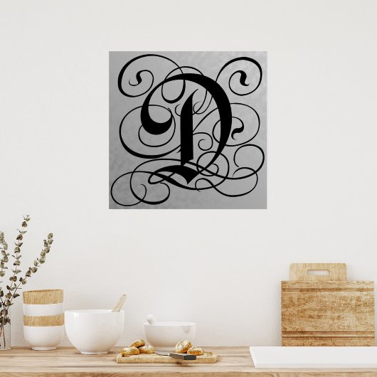 Letter D, Gothic Monogram Black Poster (Keuken)