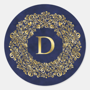 Letter D gouden Damaskpatroon Ronde Sticker