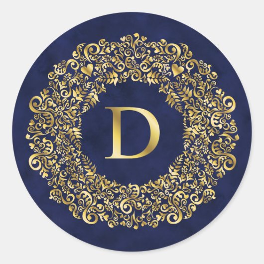 Letter D gouden Damaskpatroon Ronde Sticker (Voorkant)