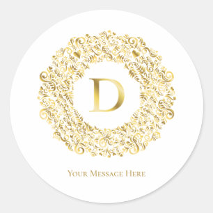 Letter D gouden Damast Patroon Ronde Sticker