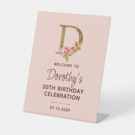 Letter D Gouden Monogram Roze Rozen Bord Reclamebord Met Voetstuk
