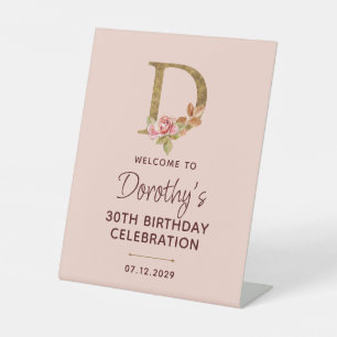 Letter D Gouden Monogram Roze Rozen Bord Reclamebord Met Voetstuk