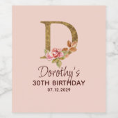 Letter D Gouden Monogram Roze Rozen Wijn Etiket (Enkel label)