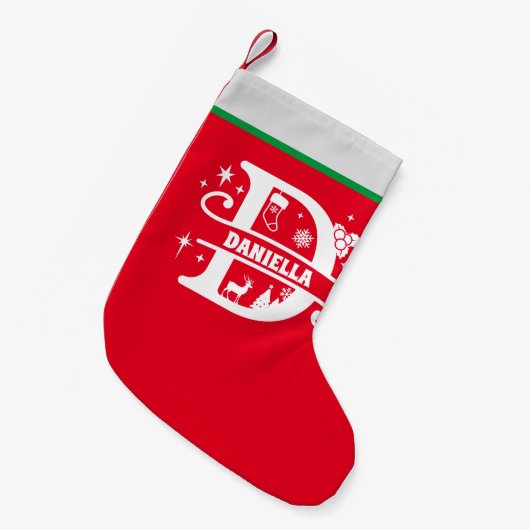 Letter D Kerstmonogram Initiaal Naam Rood wit Kleine Kerstsok (Voorkant (Hangend))