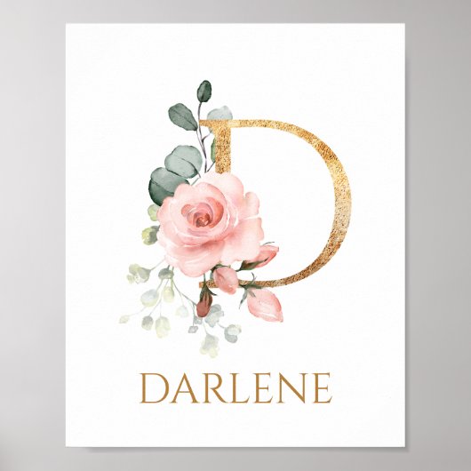 Letter D Monogram Roze Peach roos Nursery Poster (Voorkant)