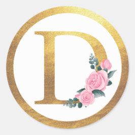 Letter D Monogram Roze Rozen Bloemen & Elegant Gou Ronde Sticker