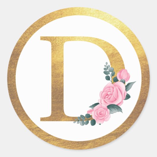 Letter D Monogram Roze Rozen Bloemen & Elegant Gou Ronde Sticker (Voorkant)