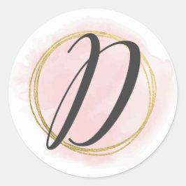 Letter D Monogram Roze Waterverf Goud Chic Ronde Sticker
