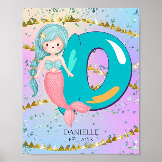 Letter D Monogram Waterverf Cute Mermaid Nursery Poster (Voorkant)