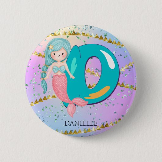Letter D Monogram Waterverf Cute Mermaid Nursery Ronde Button 5,7 Cm (Voorkant)
