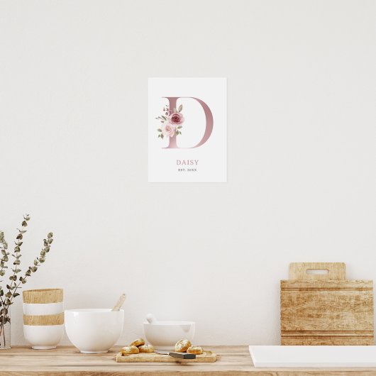 Letter D Monogram Waterverf Roos Bloemen Kinderkam Poster (Keuken)