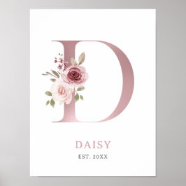 Letter D Monogram Waterverf Roos Bloemen Kinderkam Poster