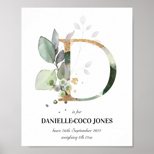 Letter D New Baby Monogram Birth Print Greenery (Voorkant)