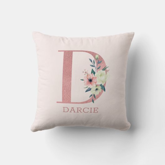 Letter D Roze Waterverf Bloemen Monogram Kwekerij Kussen (Achterkant)