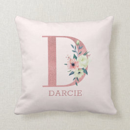 Letter D Roze Waterverf Bloemen Monogram Kwekerij Kussen
