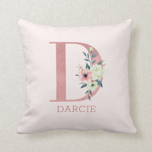 Letter D Roze Waterverf Bloemen Monogram Kwekerij Kussen