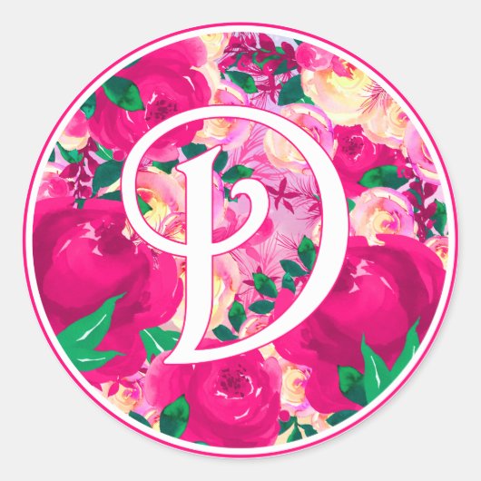 Letter D Roze Waterverf Bloemencirkel Monogram Ronde Sticker (Voorkant)