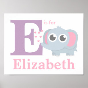 Letter E Baby Elephant with Love Girls Room Decor Poster