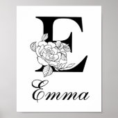 Letter E Bloemige Moderne Zwarte Monogram Kinderka Poster (Voorkant)