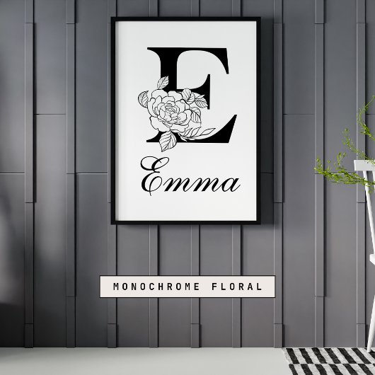 Letter E Bloemige Moderne Zwarte Monogram Kinderka Poster