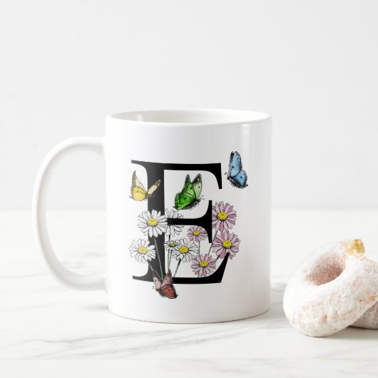 Letter E Botanische Waterverf Butterfly Monogram Koffiemok (Met donut)
