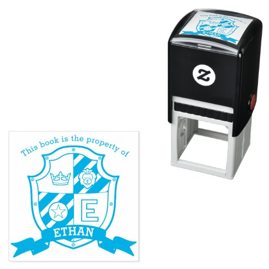 Letter E crest boek aangepaste naam kinder bibliot Zelfinktende Stempel (In situ)