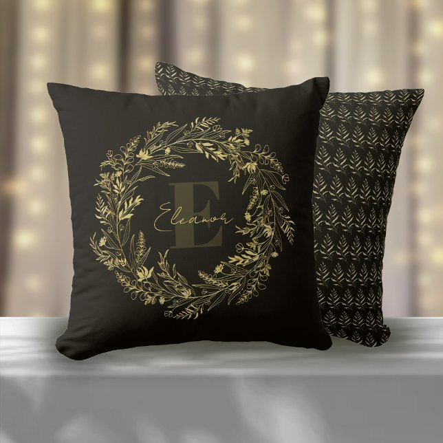 Letter E Elegante Gouden Blad Monogram Kussen (Creator heeft geüpload)