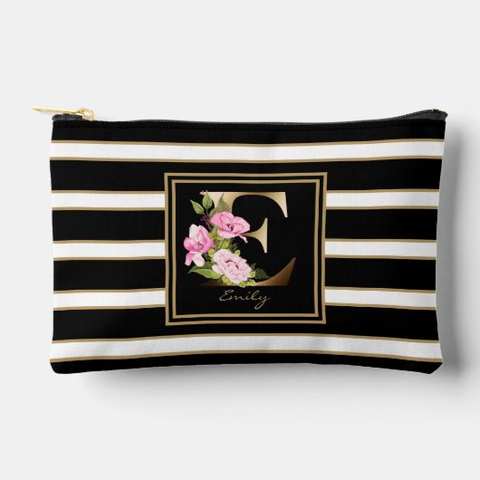 Letter E Floral Monogram Zwart Wit Goud Strepen Etui (Voorkant)