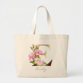 Letter E Gold Monogram roze bloemen Grote Tote Bag (Voorkant)