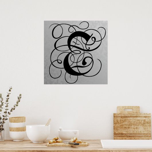 Letter E, Gothic Monogram Black Poster (Keuken)