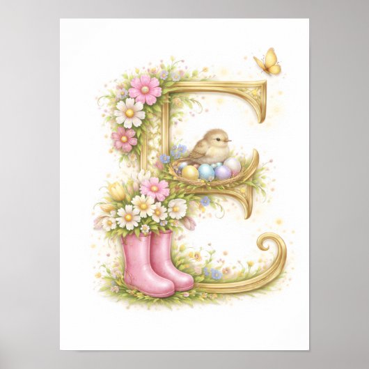 Letter E Goud Lente Natuur Monogram Vogel en Laars Poster (Voorkant)