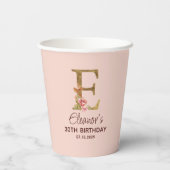 Letter E Gouden Monogram Roze Rozen Papieren Bekers (Achterkant)