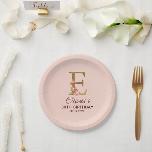 Letter E Gouden Monogram Roze Rozen Papieren Bordje (Huwelijk)