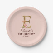 Letter E Gouden Monogram Roze Rozen Papieren Bordje (Voorkant)