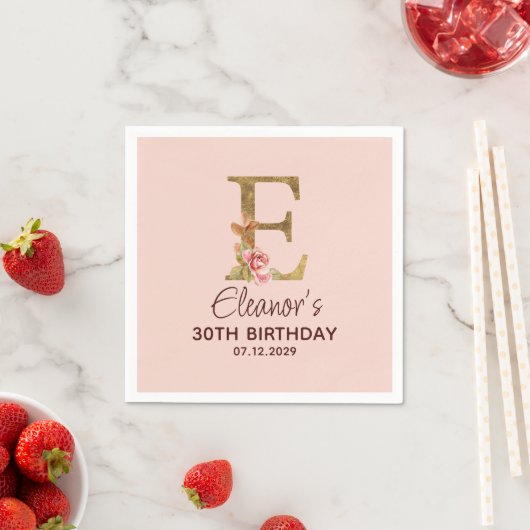 Letter E Gouden Monogram Roze Rozen Servet (Insitu)
