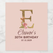 Letter E Gouden Monogram Roze Rozen Wijn Etiket (Enkel label)