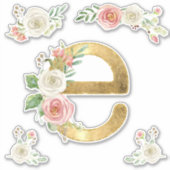 Letter E Initiaal Goud Blush Roos Bloemen Waterver Sticker (Voorkant)