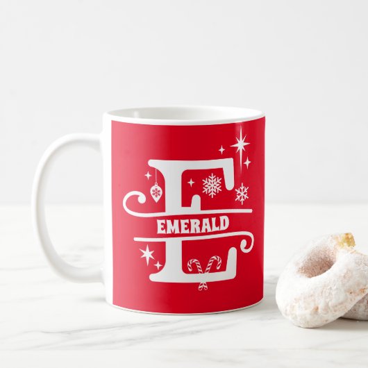 Letter E-kerstmonogram Initiaal Naam Rood Koffiemok (Met donut)