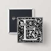 Letter E Middeleeuws Monogram Art Nouveau Vierkante Button 5,1 Cm (Voorkant /achterkant)