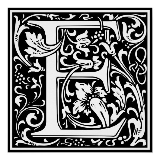 Letter E Middeleeuwse Monogram Art Nouveau Perfect Poster (Voorkant)