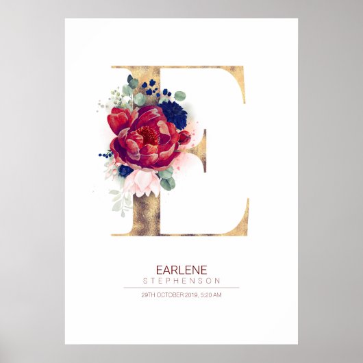 Letter E Monogram Bloemendecoratie Navyblauw en Bu Poster (Voorkant)