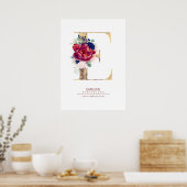 Letter E Monogram Bloemendesign Navyblauw en Borde Poster (Keuken)