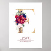 Letter E Monogram Florale Navyblauw en Bordeauxroo Poster (Voorkant)