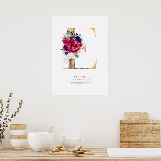 Letter E Monogram Florale Navyblauw en Bordeauxroo Poster (Keuken)