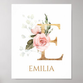 Letter E Monogram pink rose Nursery Poster