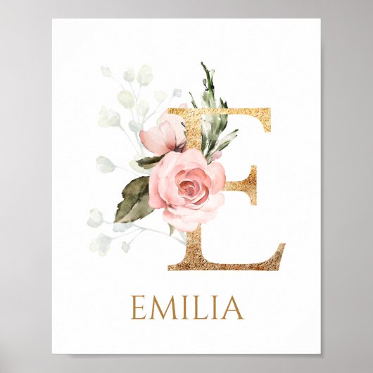 Letter E Monogram pink rose Nursery Poster (Voorkant)